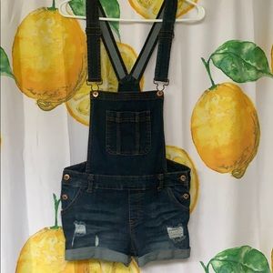 Dark wash overall shorts